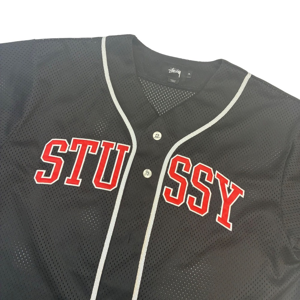 Stussy Baseball Jersey Mens XL Black Mesh Button Front Red Logo Streetwear Shirt
